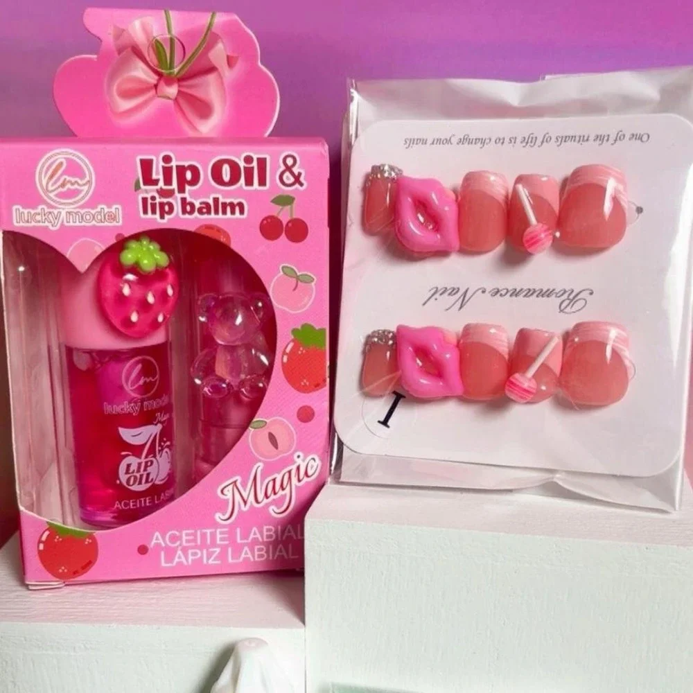 Y2K HANDMADE KAWAI CHARM PINK FRENCH TIP NAILS STRAWBERRY LIP OIL SET LARGE‎ NEW